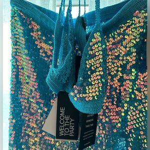 RETROFETE Turquoise iridescent sequin crochet skirt and bikini top size xs/s